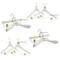 DL520 CS Luxury white color wooden hanger for wedding dress with gold color hook and clips pants hanger